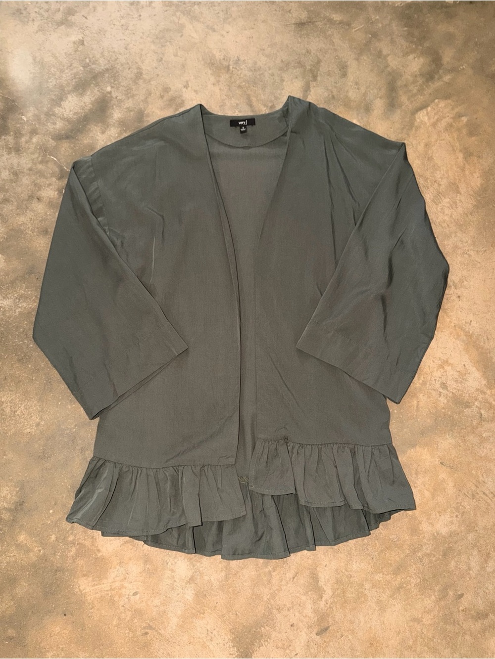 VERY J Olive Green Open Front Ruffle Hem Jacket Cardigan S Relaxed Fall Photos